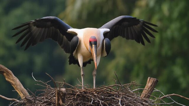 A large bird with striking plumage, its wings fully extended, displaying a pattern of dark and light feathers against the greenery. It stands in a nest