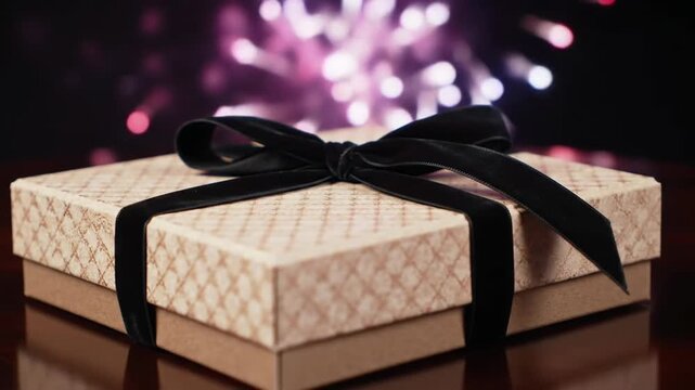 A gift box with a patterned top and a black ribbon, set against a blurred background with soft, bokeh lights, implying festivity