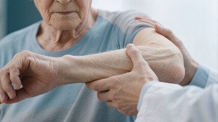 Senior patient hand physical therapy orthopedic joint examination elderly medical healthcare recovery clinical professional treatment checkup