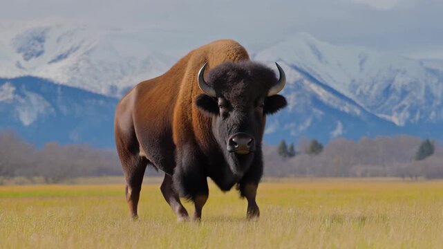 A large, brown bison stands in a grassy field, looking directly at the viewer. Snow-capped mountains serve as a backdrop