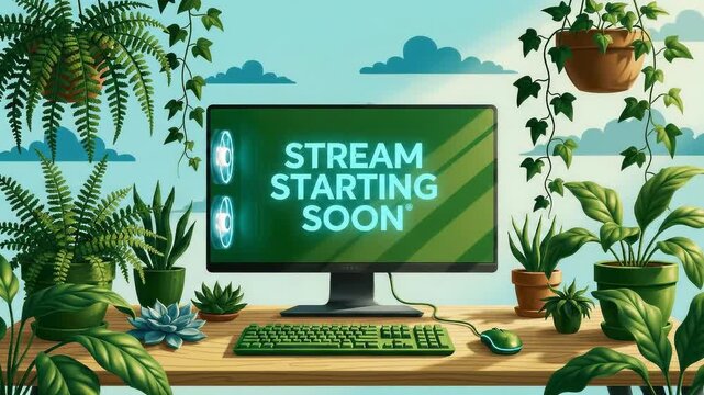 Livestream Setup: "Starting Soon" Stream. stream starting soon screen, overlay loop, animated virtual backgrounds, cozy lo-fi gaming room, vtuber asset twitch zoom OBS.