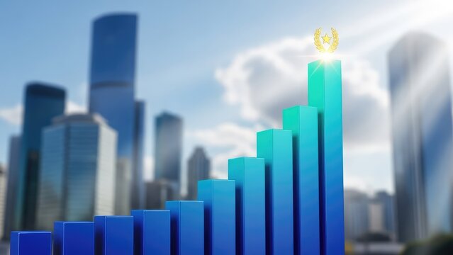 Business Growth Chart with Cityscape Background.