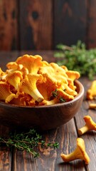 A rustic wooden bowl overflowing with vibrant yellow, trumpet-shaped mushrooms, alongside sprigs of green herbs, on a dark wooden surface