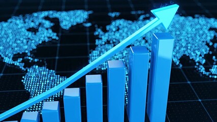 Dynamic 3D rendering illustrating global economic growth and financial market trends with an ascending bar chart and a prominent upward arrow superimposed on a digital world map symbolizing internati. - Powered by Adobe
