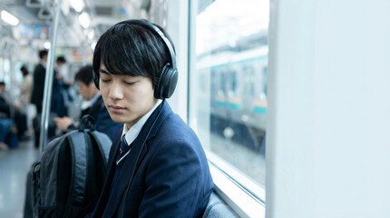 電車内でヘッドフォンを着けて音楽を聴く日本人男子高生