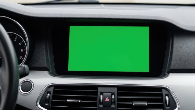 Car interior with green screen display.