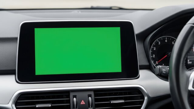 Car interior with green screen display.