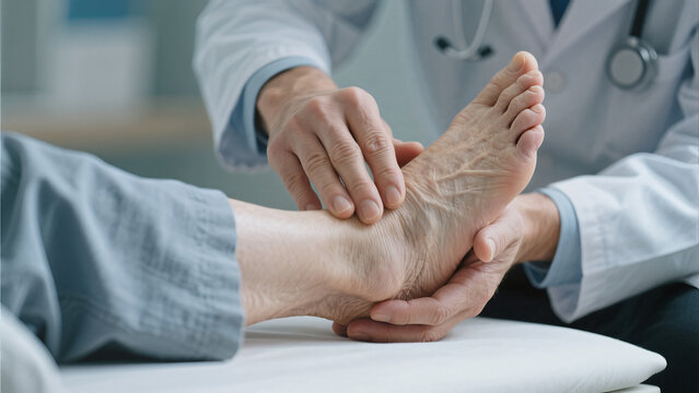 doctor examining senior patient foot ankle pain medical checkup