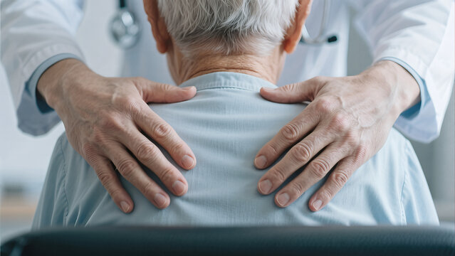 doctor hands on senior patient shoulders medical support care