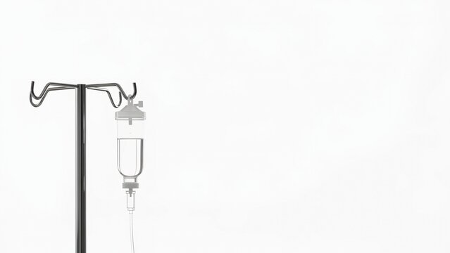 An IV drip stand with a chamber and tube hangs from a metal pole against a plain background