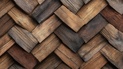 Intricate pattern of wooden planks creating a textural background. The arrangement forms a repeating design with various shades of brown hues, and showcasing the beauty of natural material