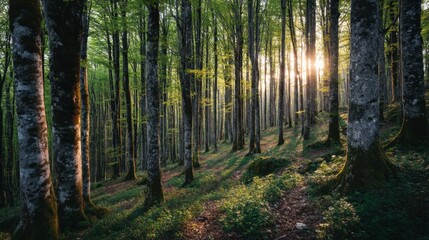 Fototapeta premium Serene Forest Landscape with Sunlight Filtering Through Trees
