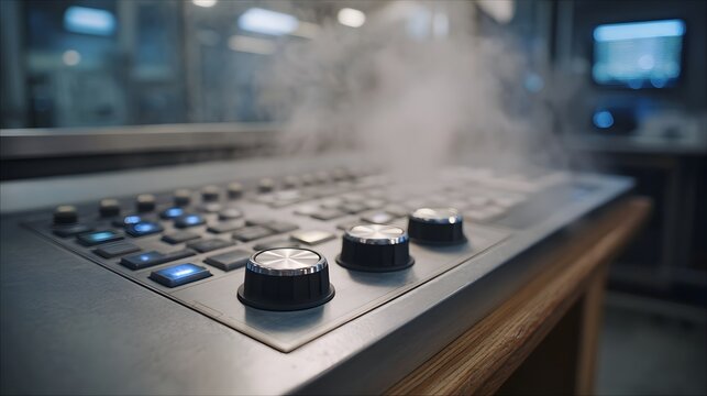 Close up of a complex control panel with illuminated buttons and rotating knobs emitting white steam in a high tech laboratory environment - Powered by Adobe