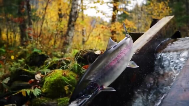 A large, silver fish jumps over a wooden structure in a stream, with fall foliage surrounding. The scene has blurred trees in the background