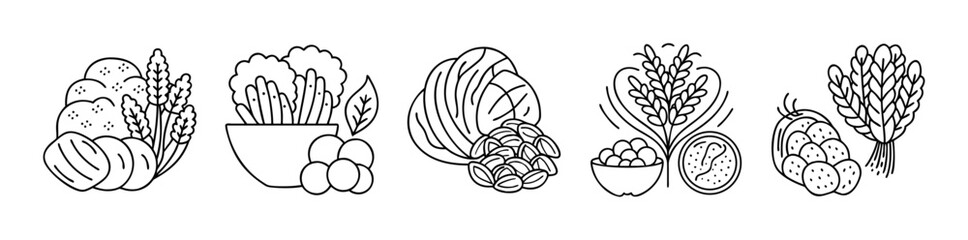 Fototapeta premium Variety of healthy food categories depicted in simple black line art