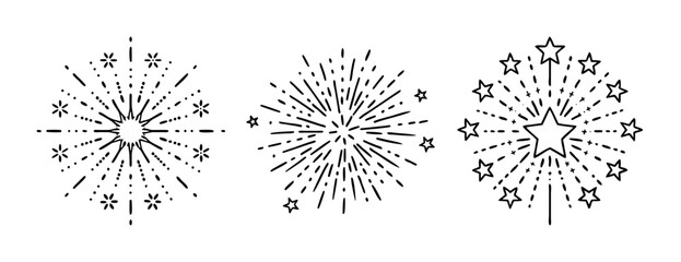 Collection of three hand-drawn black and white starburst fireworks