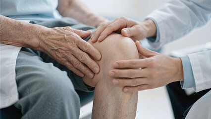 orthopedic doctor examining senior patient knee joint pain injury