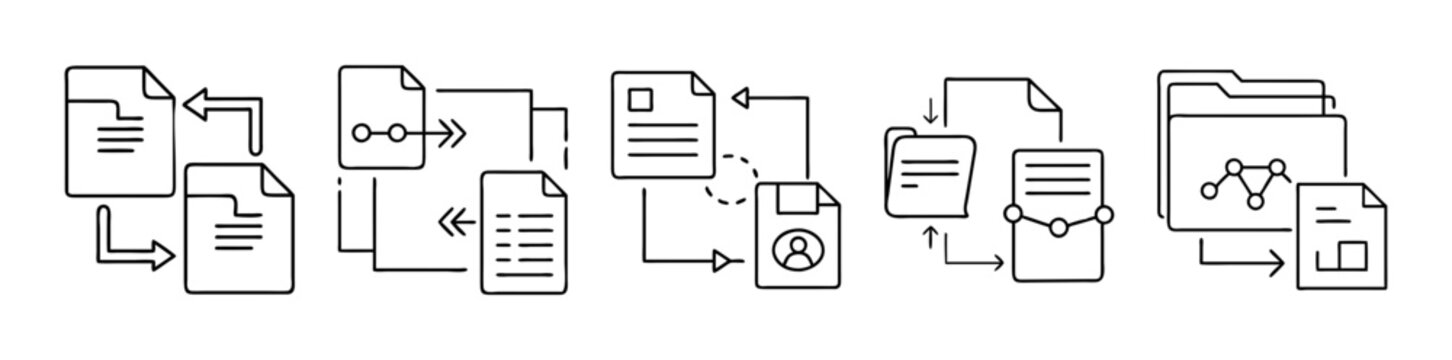 Outline icons depicting document processing, data flow, and workflow