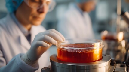 A scientist in a laboratory examines an orange liquid sample in a petri dish under soft light