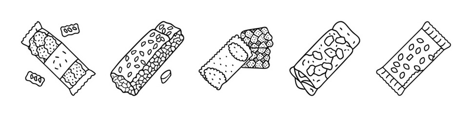 Monochrome line art illustrations of various snack and candy bars