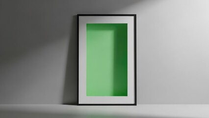 Green picture frame on gray wall.