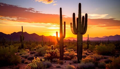 A scenic desert landscape features silhouetted cacti against a vibrant, fiery sunset. Mountains and scrub vegetation populate the arid terrain