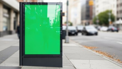 Green screen billboard city sidewalk.