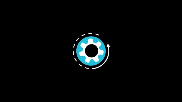Blue Gear Icon With A Circular Arrow Motion Effect On A Black Background Keywords: gear, cog, mechanism, engineering, process, operation, settings, configuration, system, technology, digital, icon