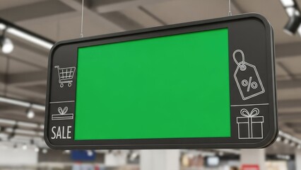 Green screen sale sign hanging store.