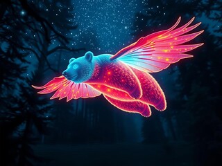 Glow-in-the-dark bear with iridescent wings glides through a starlit forest,  glowing,  forest