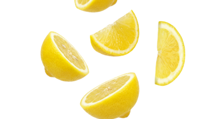vibrant, juicy lemon wedges and slices are artfully suspended in mid-air against a stark black backdrop, offering a zesty and refreshing visual for culinary and design applications.