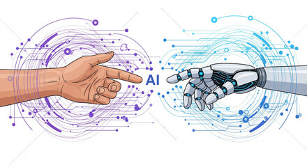 Human Hand and Robotic Hand Reaching Toward AI Text with Digital Circuit Background, Artificial Intelligence Concept