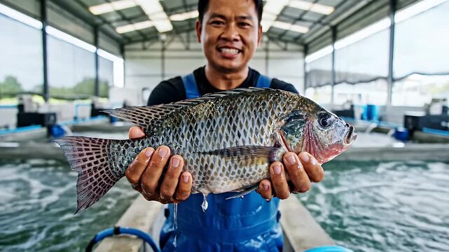 Fish Farmer Holding Tilapia - A smiling Asian fish farmer holds up a large tilapia in front of a fish farm aquaculture tank.
