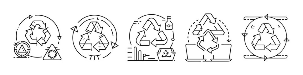 Line art recycling and sustainability icons isolated on a white background
