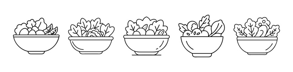 Line art illustrations of five healthy fresh salads in bowls on a white