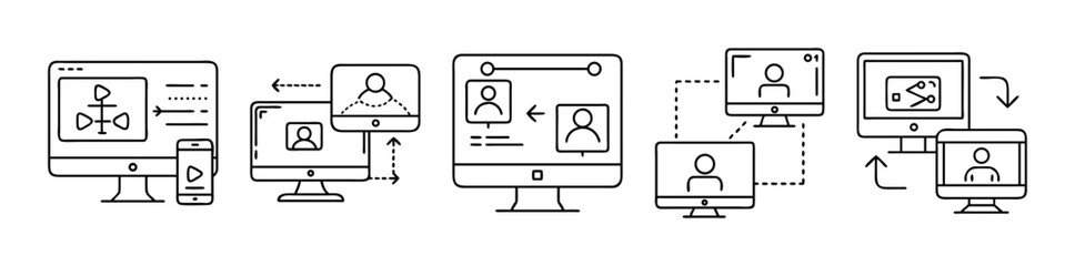Outline icons depicting digital communication, screen sharing, and video