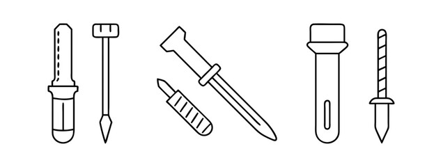 Simple black outline icons of various hand tools on a white background