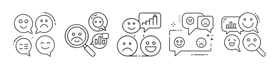 Customer Feedback, Mood, and Data Analysis Line Art Icons on White