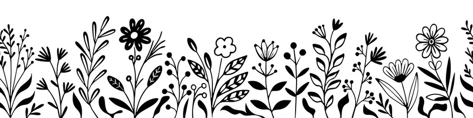 Hand drawn grass and flowers, seamless border, outline, vector illustration