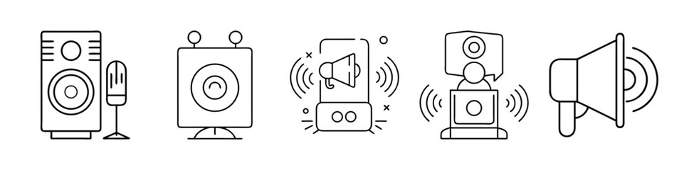 Set of sound and audio equipment line icons on a transparent background