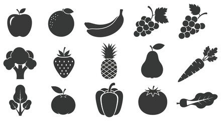 A collection of various fruits and vegetables presented in a striking black silhouette © Kuntol02