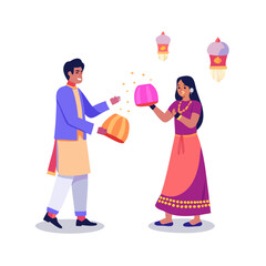 Set of illustrations depicting a young Indian couple celebrating the Diwali festival of lights with traditional rituals, gifts, and sky lanterns.
