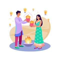 Set of illustrations depicting a young Indian couple celebrating the Diwali festival of lights with traditional rituals, gifts, and sky lanterns.
