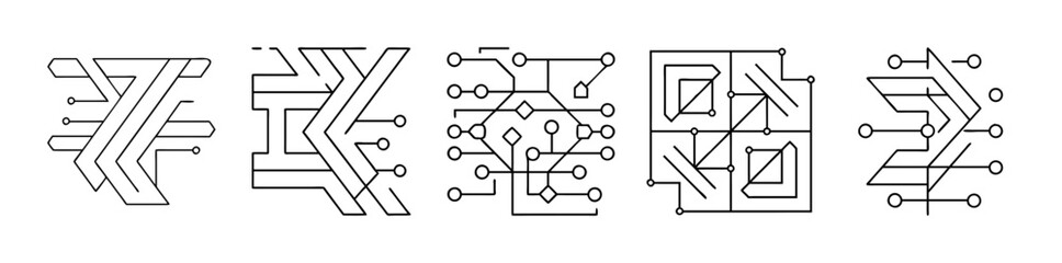 Five abstract geometric line art designs depicting complex circuitry on a