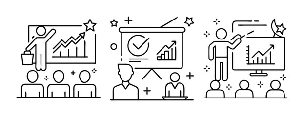Clean line art icons depicting business presentations, growth, and team