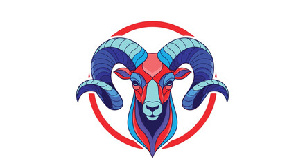 Artistic and colorful illustration of a ram head with large horns inside a red circular frame for a mascot logo.