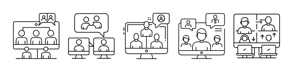 Minimalist line art illustrations of remote communication and online