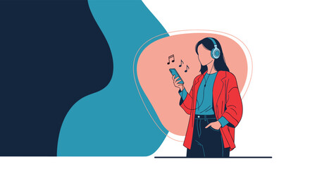 Stylish young woman wearing headphones listening to music on her smartphone with musical notes floating around.