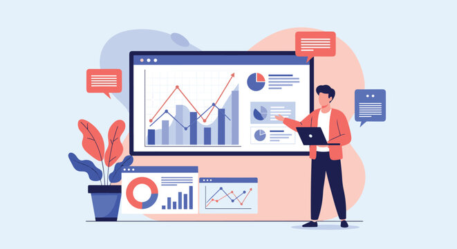 Professional businessman giving a presentation on a large digital screen with various financial charts and analytics data.
