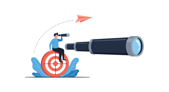 Visionary businessman sitting on a bullseye target looking through a telescope while a paper plane flies overhead.